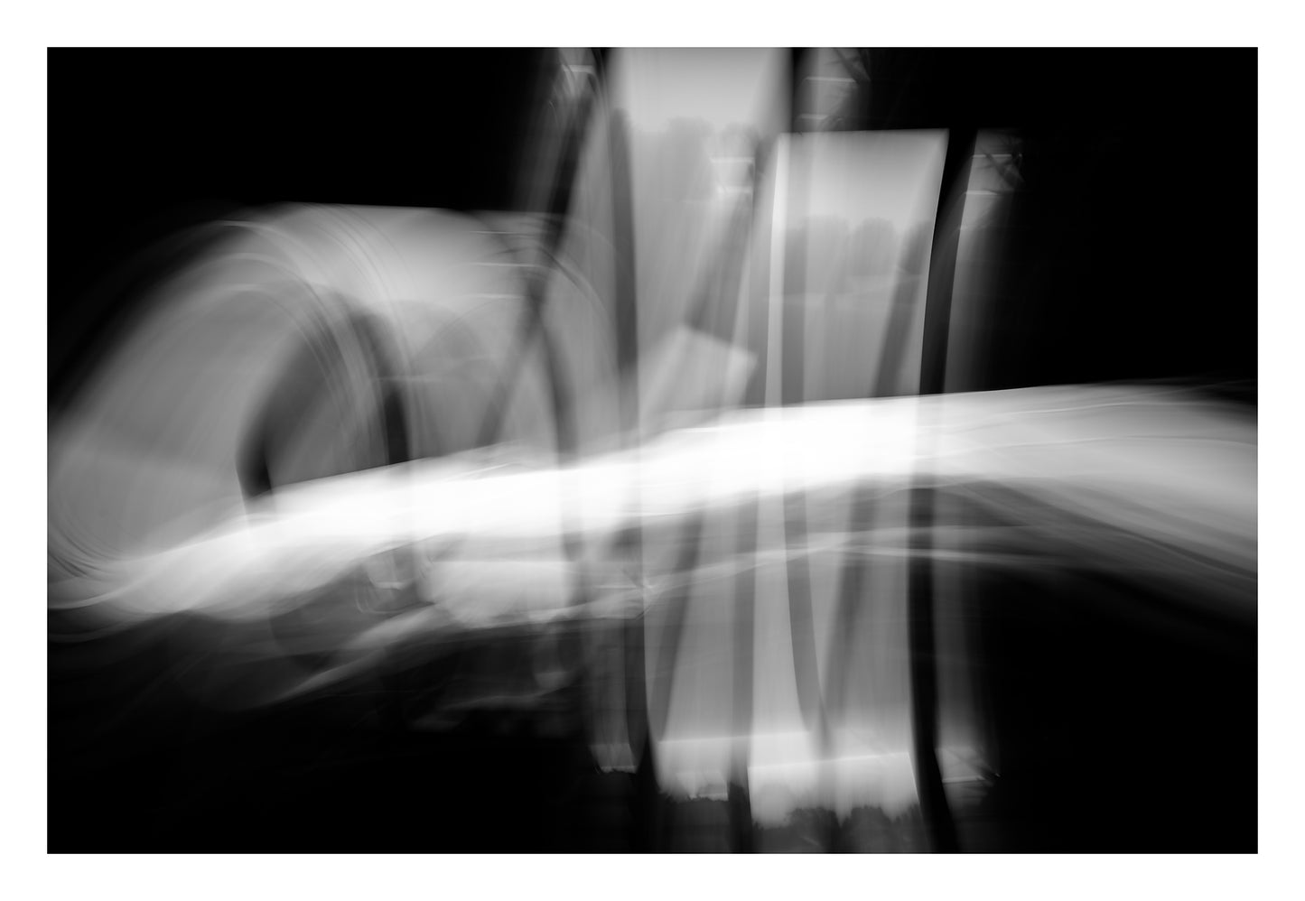 Dancing into the Light 7887v3 - 104x74cm, abstract black and white light drawing evoking quiet motion, limited edition fine art print by Raymond Mather, ART1.