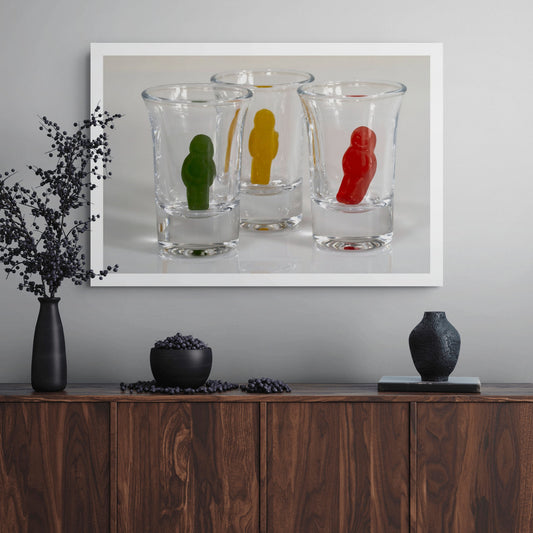 Bottoms Up - 266721v1 by Raymond Mather displayed as a large landscape photographic artwork above a dark timber sideboard.