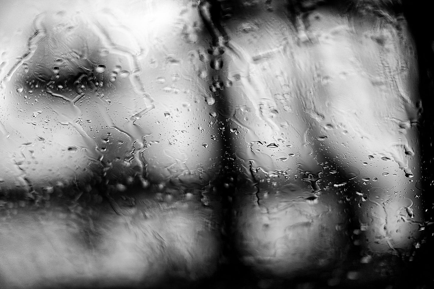 Coastal Noir 8007 - 90x60cm, black and white coastal scene with rain on glass and abstracted tree forms in soft focus.
