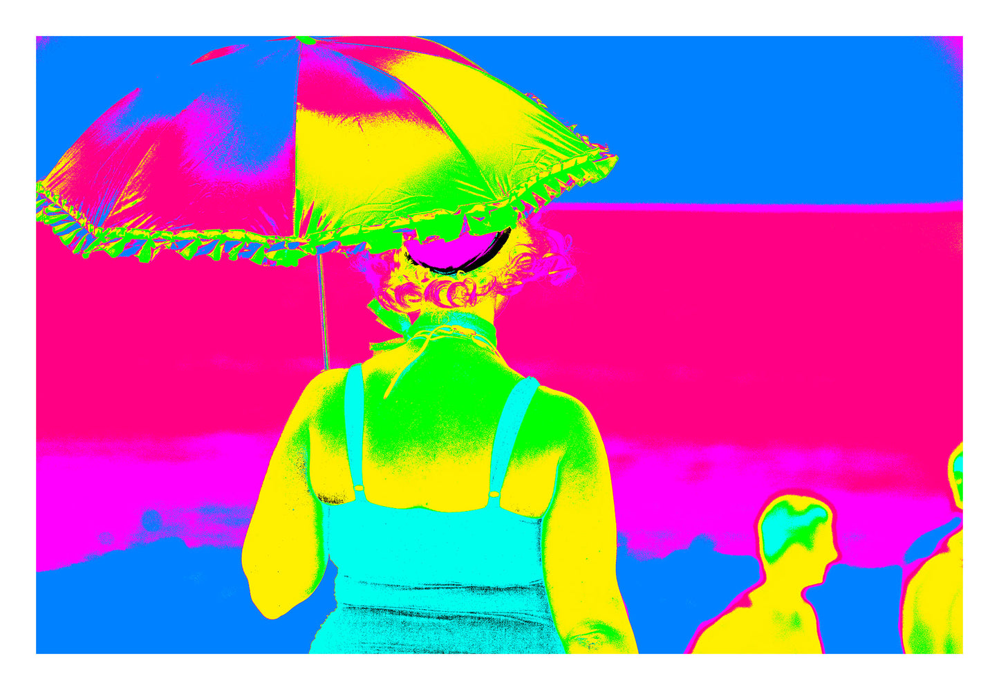 Vivid Country - Coffs Harbour Beach Day Out - 36904663v7 - 104x74cm, a woman in a vintage swimsuit and sun hat holding a rainbow parasol, rendered in ultra-saturated neon tones against a vivid pink sky, capturing the playful spirit of Australian beach life.