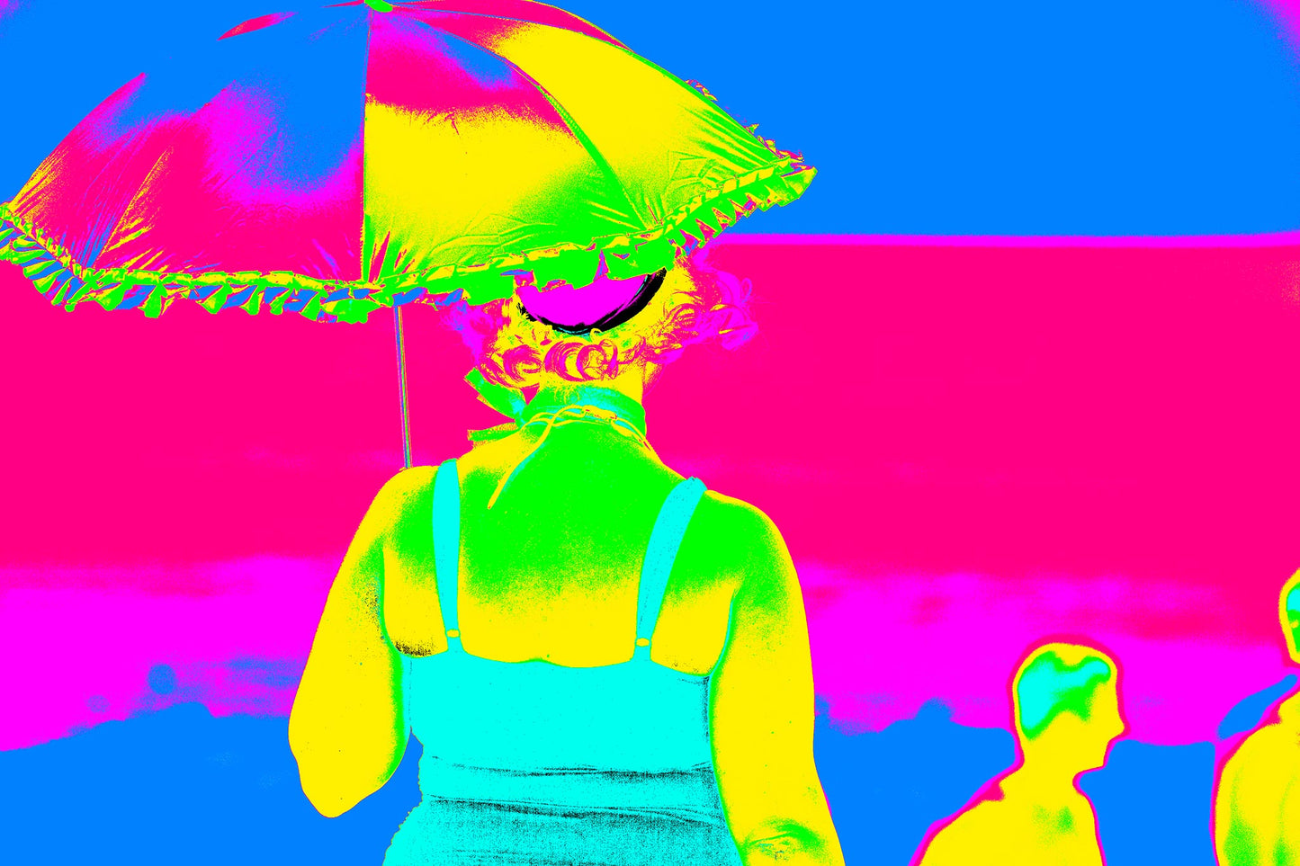 Vivid Country - Coffs Harbour Beach Day Out - 36904663v7 - 90x60cm, a woman in a vintage swimsuit and sun hat holding a rainbow parasol, rendered in ultra-saturated neon tones against a vivid pink sky, capturing the playful spirit of Australian beach life.