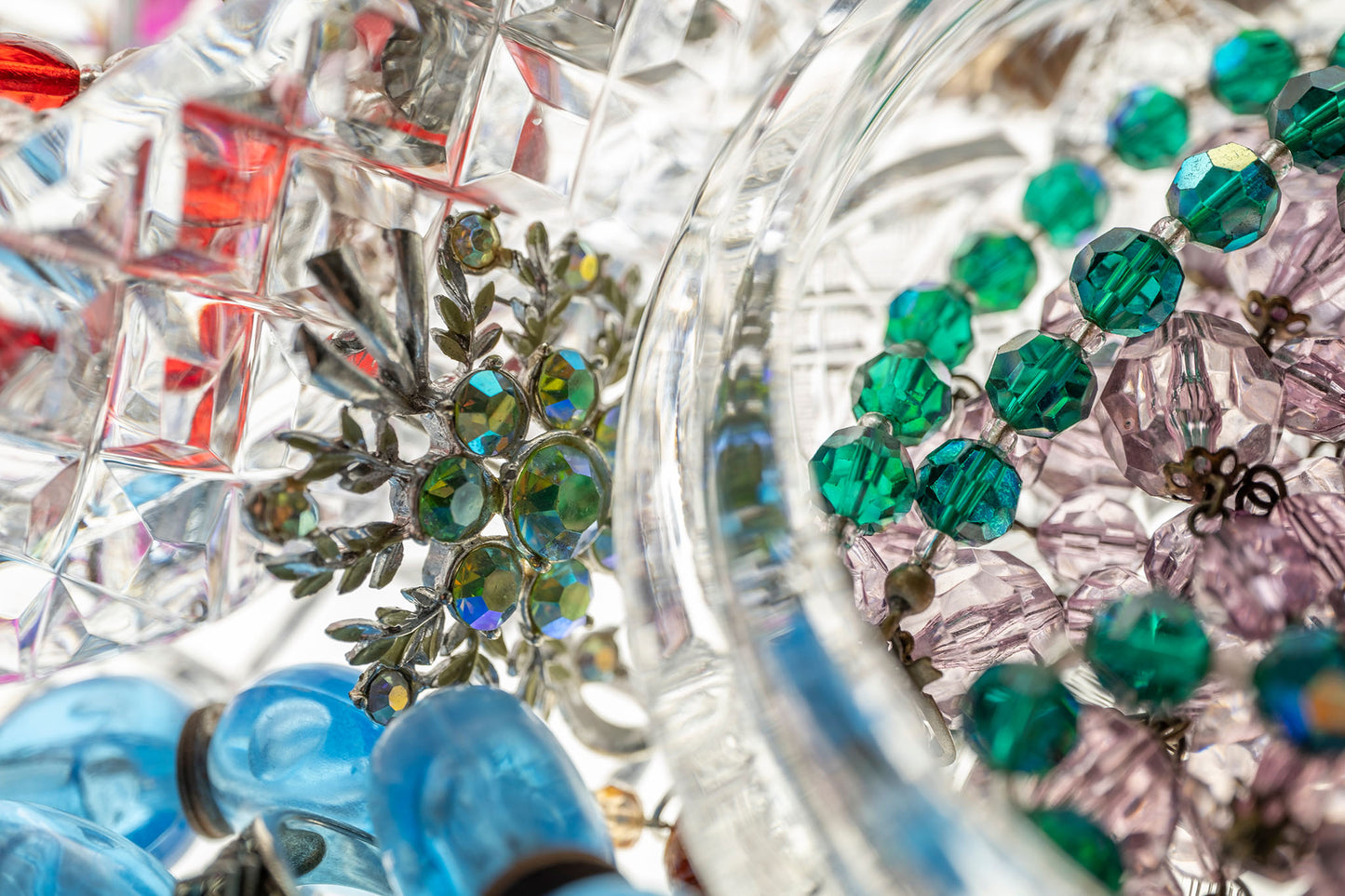 Still Life artwork of blue, green, red, gems and jewels in crystal by Australian photographer Raymond Mather at ART1 Fine Art Photography, full view 90x60cm.