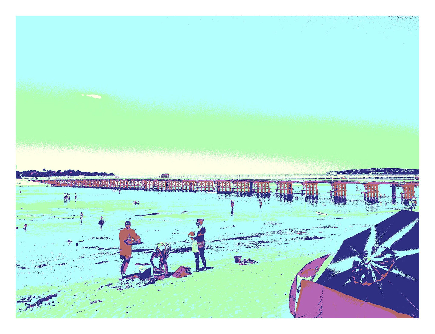 Vivid Country - Queenscliff Beach - 1818v6a - 104x81.5cm, a vivid Pop Art image of Queenscliff beach featuring families, swimmers, a bold umbrella in the foreground, and the long timber pier stretching into soft green skies and cyan sea.