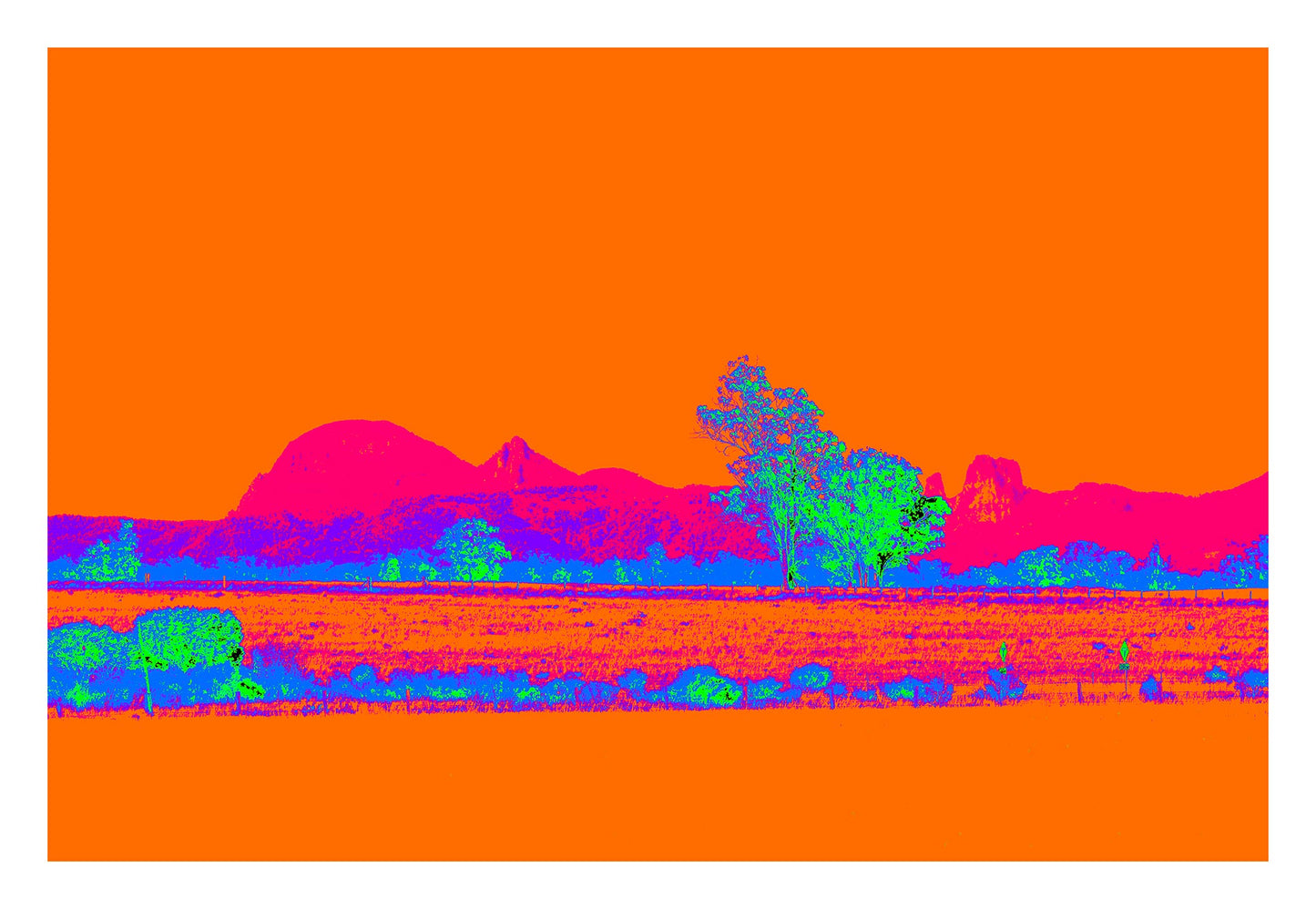 Vivid Country - Warrumbungle - 4715v14a - 104x74cm, a striking Pop Art-style fine art print of the Warrumbungle Ranges in Central NSW, featuring vivid pink and violet landforms beneath an intense orange sky, with neon green trees and fiery red plains in the foreground.