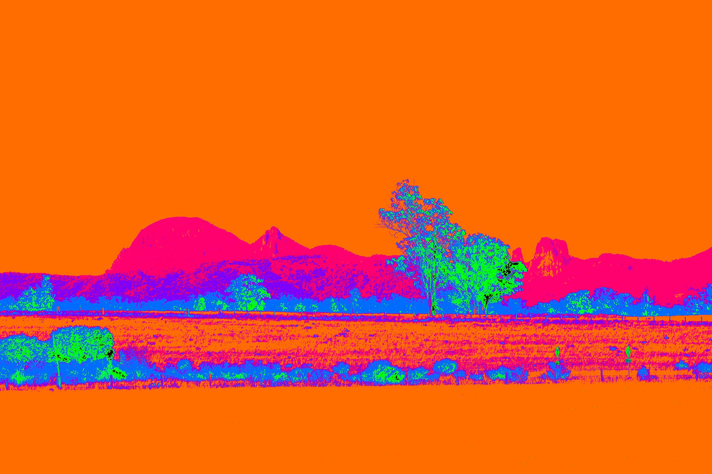 Vivid Country - Warrumbungle - 4715v14a - 90x60cm, a striking Pop Art-style fine art print of the Warrumbungle Ranges in Central NSW, featuring vivid pink and violet landforms beneath an intense orange sky, with neon green trees and fiery red plains in the foreground.