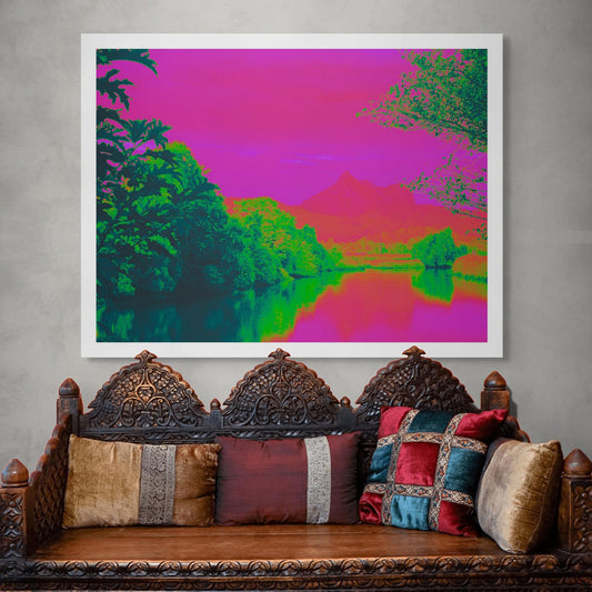Vivid Country - Wollumbin Reflection Rous River Dulguigan Rd - 7905v8 - Room View, a vibrant Pop Art fine art print showing Wollumbin (Mount Warning) reflected in the Rous River. Lush greenery frames a vivid fuchsia sky and water, blending bold magenta, coral, and emerald tones to create a surreal and emotionally charged landscape.