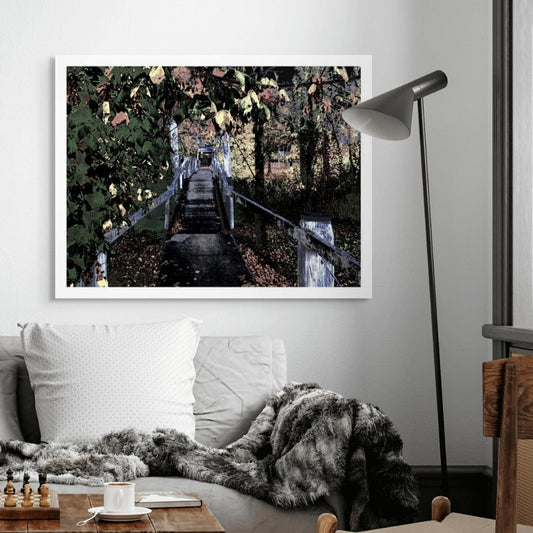 Vivid Country - Armidale Leaves Albion Park Pedestrian Bridge - 2319v21a - Room View, a stylised image of a narrow pedestrian bridge in Armidale, framed by dense overhanging foliage in autumn tones. The perspective leads into a quiet distance with filtered light, highlighting the interplay of structure, leaves, and shadow.