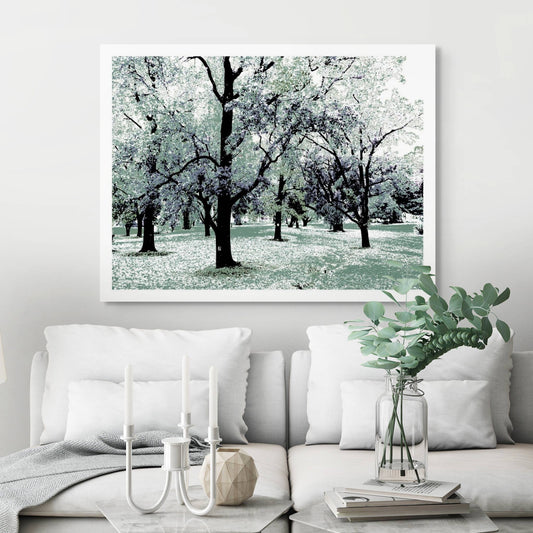 Vivid Country - Armidale Leaves Trees Park - 2302v20 - Room View, a grove of tall trees with outstretched branches in pastel tones of mint, lavender, and charcoal, evoking a dreamlike woodland scene.
