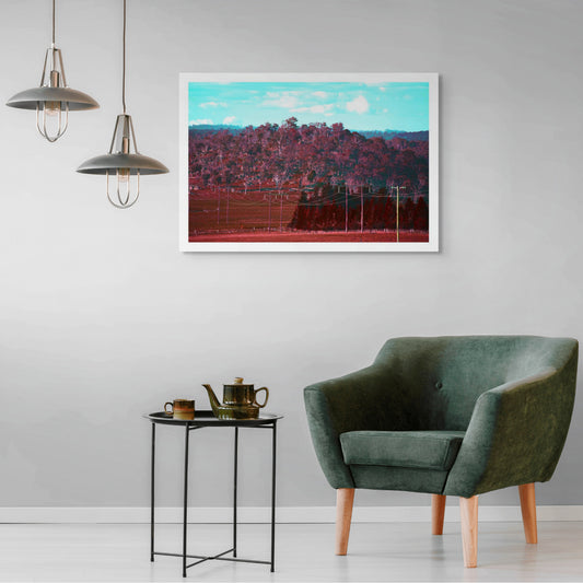 Vivid Country - Armidale Puddledock Rd - 0823v7 - Room View, Rows of powerlines stretch across a crimson-toned country paddock with dense native bushland rising in the background under a bright blue sky.