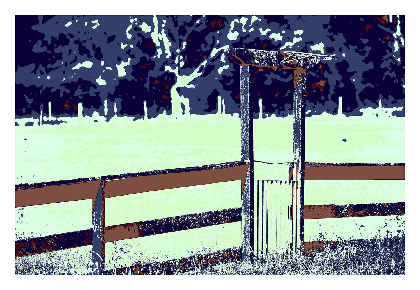 Vivid Country - Armidale Puddledock Road Gate - 0828v26 - 104x74cm, a stylised rural gate stands beneath a weathered timber post and rail fence, set against a high-contrast pop art palette of soft mint green fields and deep navy treetops.