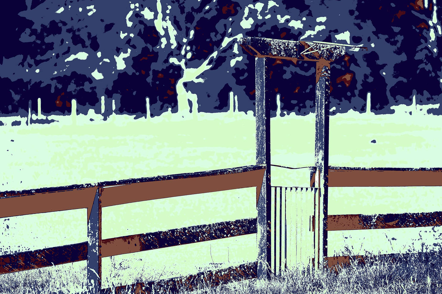 Vivid Country - Armidale Puddledock Road Gate - 0828v26 - 90x60cm, a stylised rural gate stands beneath a weathered timber post and rail fence, set against a high-contrast pop art palette of soft mint green fields and deep navy treetops.