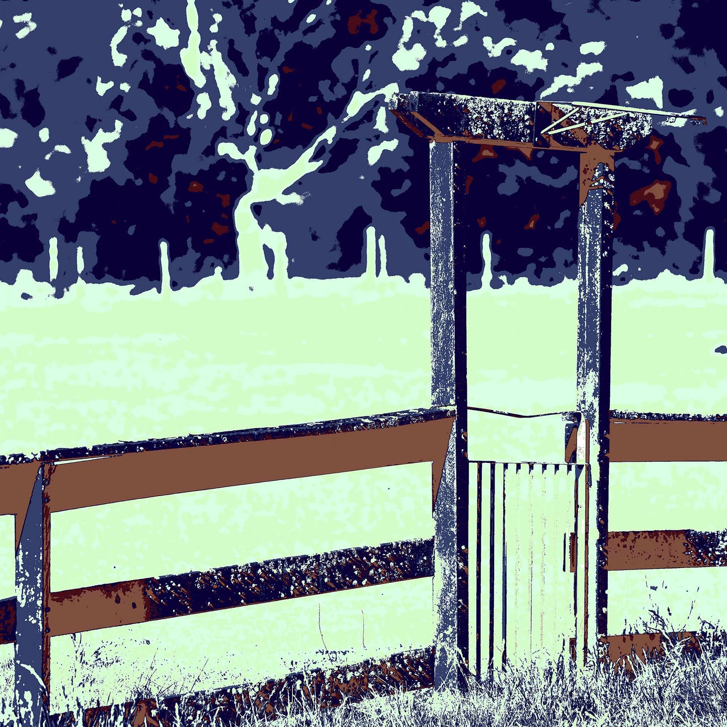 Vivid Country - Armidale Puddledock Road Gate - 0828v26 - Close Detail View, a stylised rural gate stands beneath a weathered timber post and rail fence, set against a high-contrast pop art palette of soft mint green fields and deep navy treetops.
