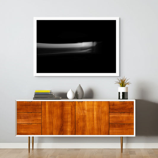 Dancing into the Light 7872 - Room View, minimalist black and white abstract light drawing with dynamic flow, fine art limited edition print by Raymond Mather, ART1.