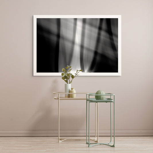 Dancing into the Light 7907v2 - Room View, expressive light-drawn artwork in black and white, capturing the poetry of movement, limited edition fine art by Raymond Mather, ART1.