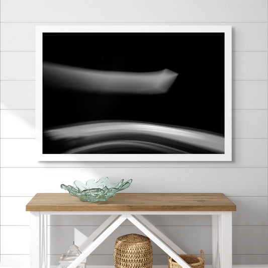 Dancing into the Light 7881v3 - Room View, black and white creative light drawing exploring motion and space, limited edition fine art print by Raymond Mather, ART1.