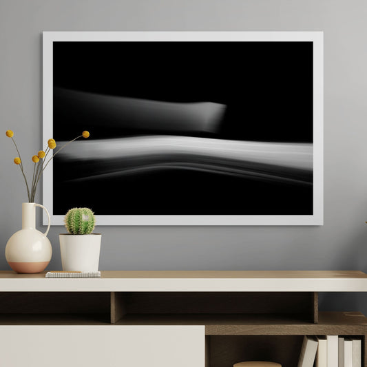 Dancing into the Light 7882v3 - Room View, monochrome light-drawn artwork capturing fluid movement, limited edition fine art by Raymond Mather, ART1.