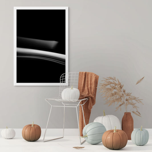 Dancing into the Light 7883v3 - Room View, abstract black and white light drawing with soft flowing motion, fine art limited edition print by Raymond Mather, ART1.