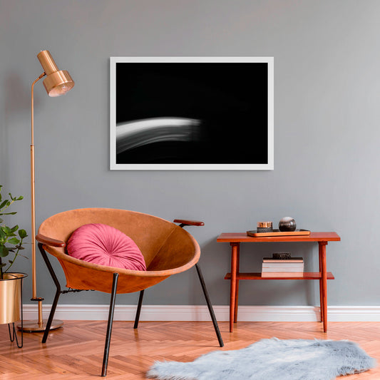 Dancing into the Light 7885v4 - Room View, black and white minimalist coastal photograph with bold wave line, limited edition fine art print by Raymond Mather, ART1 collection.