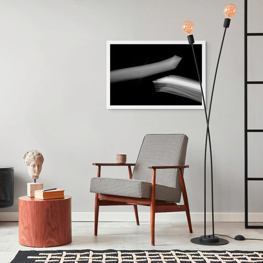 Dancing into the Light 7886v3 - Room View, black and white minimalist coastal photograph with soft horizon glow, limited edition fine art print by Raymond Mather, ART1 collection.