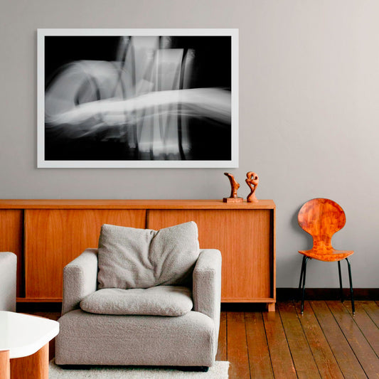 Dancing into the Light 7887v3 - Room View, abstract black and white light drawing evoking quiet motion, limited edition fine art print by Raymond Mather, ART1.