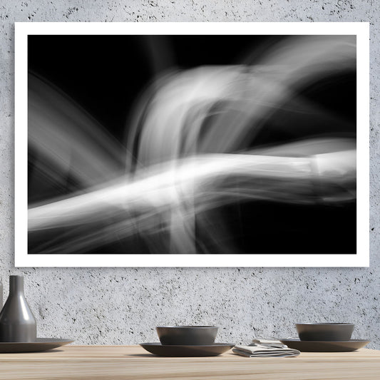 Dancing into the Light 7889v3 - Room View, fine art black and white print of luminous light trails in motion, limited edition by Raymond Mather, ART1.
