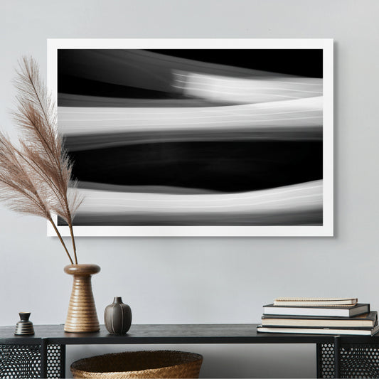 Dancing into the Light 7890v3 - Room View, minimalist monochrome artwork of drawn light expressing movement, limited edition fine art by Raymond Mather, ART1.