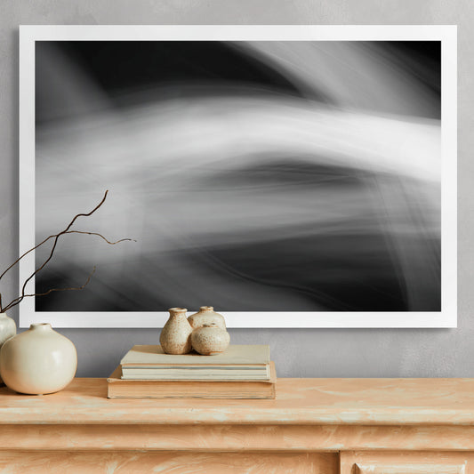 Dancing into the Light 7891 - Room View, black and white abstract light drawing capturing energy and flow, limited edition fine art print by Raymond Mather, ART1.