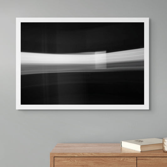 Dancing into the Light 7892 - Room View, creative black and white light art exploring form and movement, fine art limited edition print by Raymond Mather, ART1.