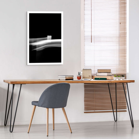 Dancing into the Light 7893v3 - Room View, abstract black and white light drawing with gentle fluid motion, limited edition fine art by Raymond Mather, ART1.