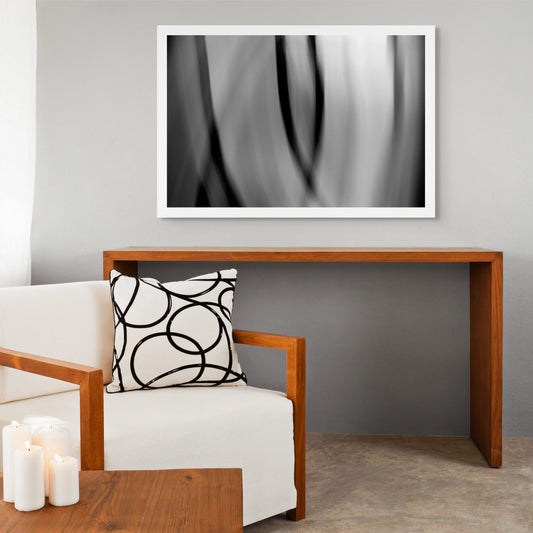Dancing into the Light 7898v3 - Room View, monochrome light art capturing dynamic minimalist movement, limited edition fine art print by Raymond Mather, ART1.