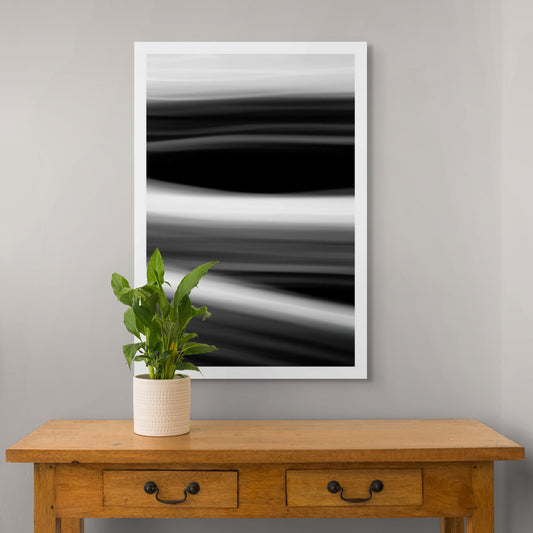 Dancing into the Light 7900v4 - Room View, minimalist abstract light drawing in black and white with flowing motion, limited edition fine art by Raymond Mather, ART1.