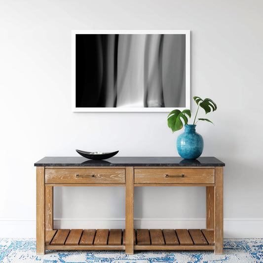 Dancing into the Light 7901v3 - Room View, black and white artwork of light as a drawing tool, expressing movement, limited edition fine art print by Raymond Mather, ART1.