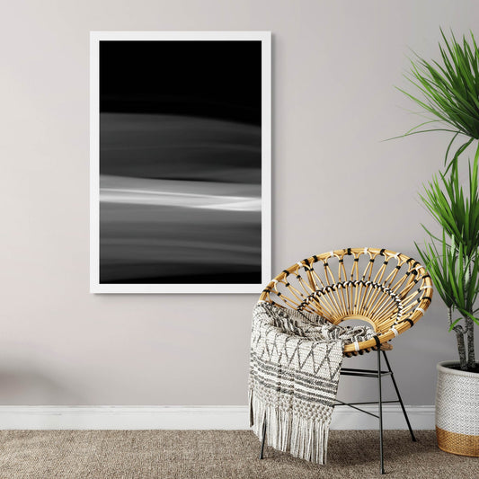Dancing into the Light 7906v3 - Room View, black and white minimalist light drawing showing motion and energy, fine art limited edition print by Raymond Mather, ART1.
