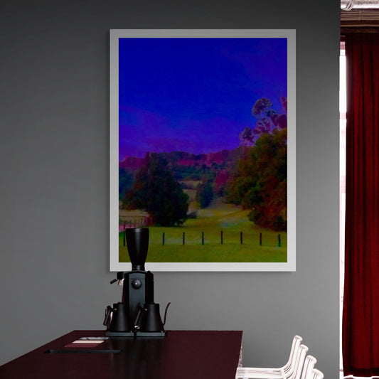 Vivid Country - Bilambil Horse Paddock - 3788a - Room View, a soft-focus rural paddock at dawn with silhouetted trees, distant hills glowing in magenta tones, and a vibrant indigo sky, evoking a dreamlike Australian hinterland.