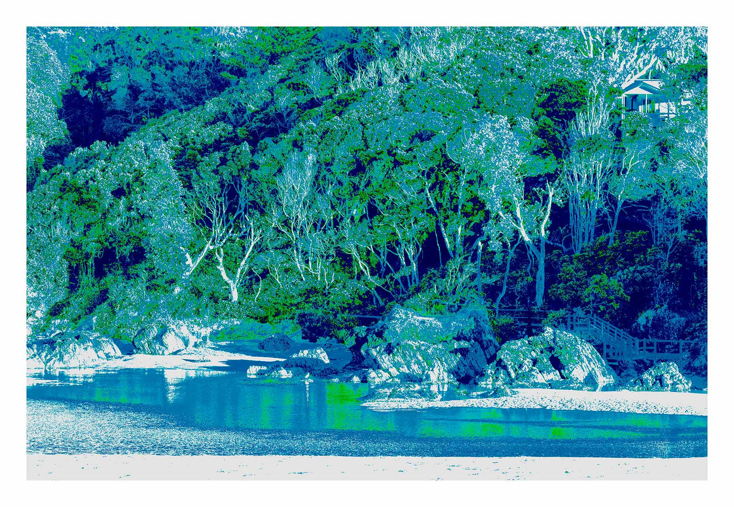 Vivid Country - Bonville Creek The Stairs from Bonville Headland Lookout - 7518v18 - 104x74cm, a hidden staircase descends through coastal forest to a calm, aqua-toned inlet, with rocks and overhanging trees in radiant blue-green hues creating a dreamlike pop art landscape.