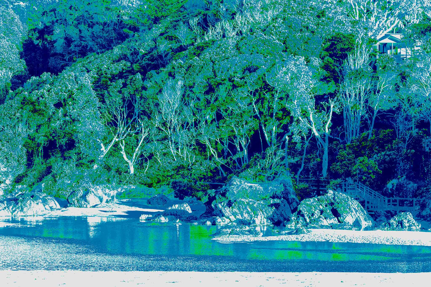Vivid Country - Bonville Creek The Stairs from Bonville Headland Lookout - 7518v18 - 90x60cm, a hidden staircase descends through coastal forest to a calm, aqua-toned inlet, with rocks and overhanging trees in radiant blue-green hues creating a dreamlike pop art landscape.