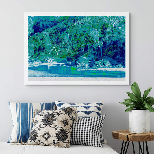 Vivid Country - Bonville Creek The Stairs from Bonville Headland Lookout - 7518v18 - Room View, a hidden staircase descends through coastal forest to a calm, aqua-toned inlet, with rocks and overhanging trees in radiant blue-green hues creating a dreamlike pop art landscape.