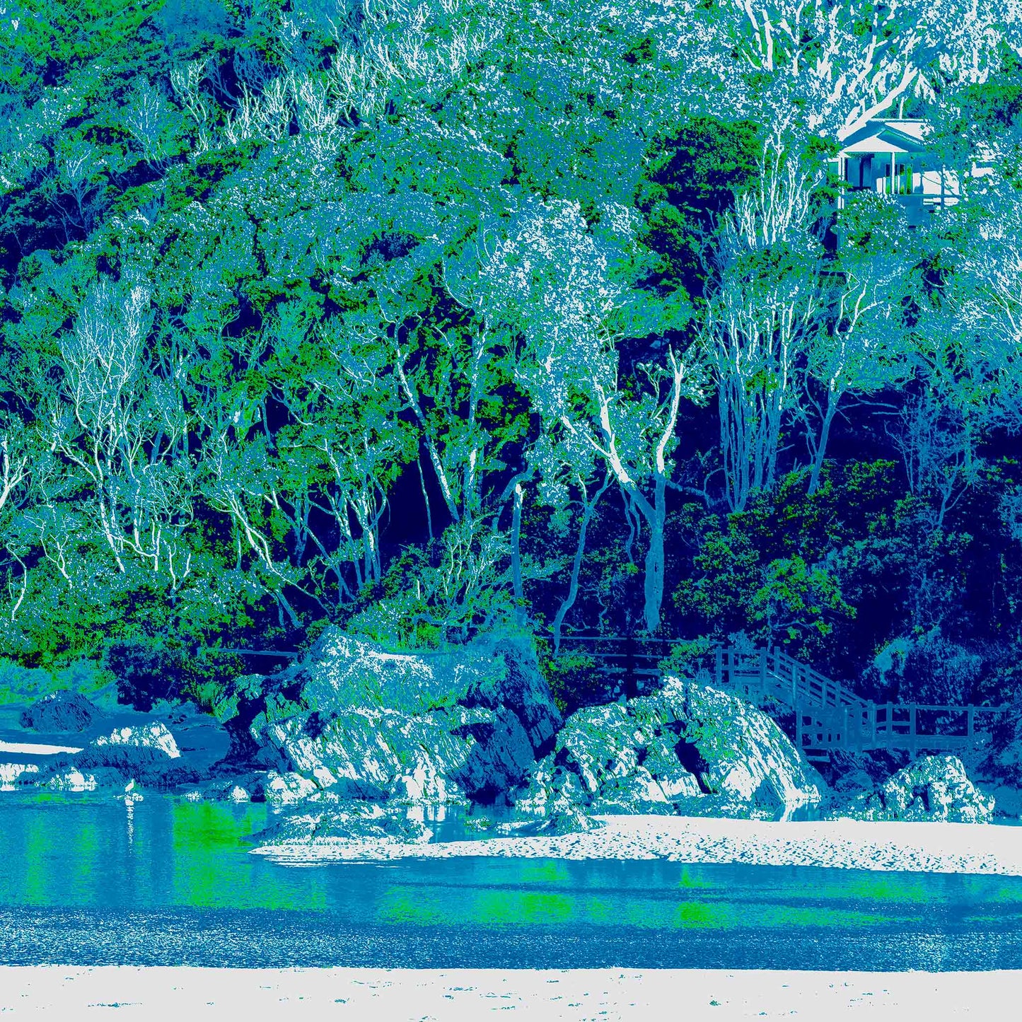 Vivid Country - Bonville Creek The Stairs from Bonville Headland Lookout - 7518v18 - Close Detail View, a hidden staircase descends through coastal forest to a calm, aqua-toned inlet, with rocks and overhanging trees in radiant blue-green hues creating a dreamlike pop art landscape.