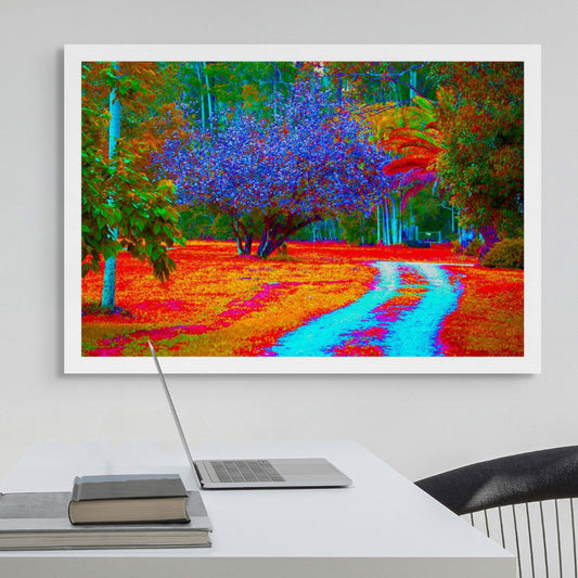 Vivid Country - Bucca Swans Rd Driveway - 8226v5 - Room View, a brightly coloured country driveway winds past a blooming Pink Crepe Myrtle, vivid tropical trees, and richly toned foliage in radiant blues, reds, and oranges.