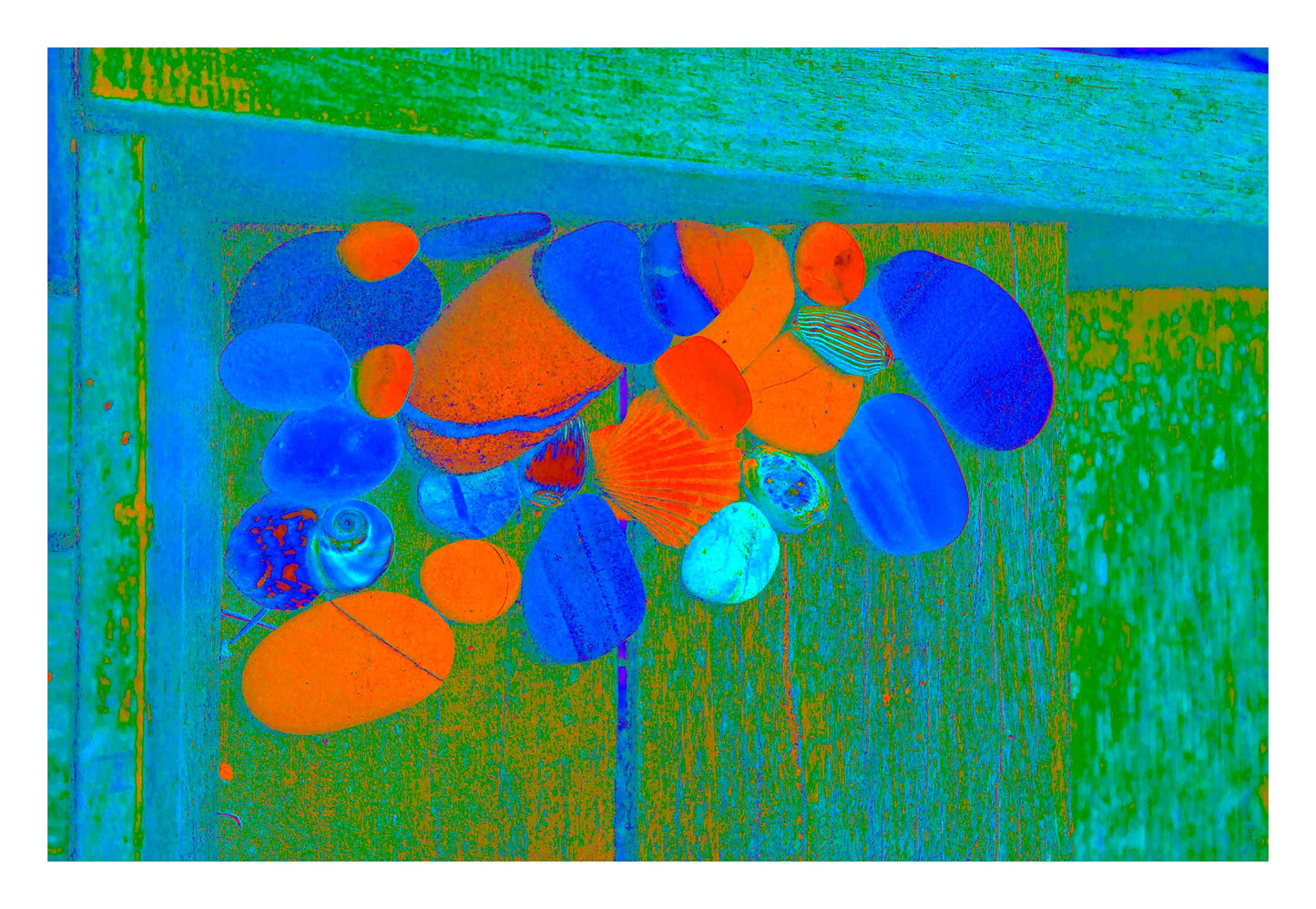 Vivid Country - Bucca Swans Rd Shells on the Step - 1174v8 - 104x74cm, a vivid collection of colourful shells and stones rests on a wooden step, transformed into an electrified still life through rich green, orange, and blue tones.
