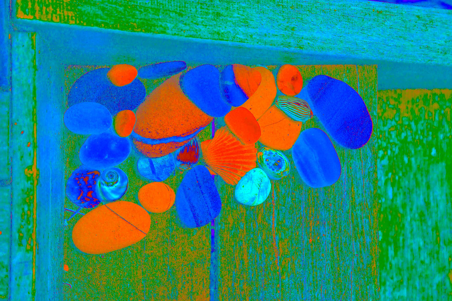Vivid Country - Bucca Swans Rd Shells on the Step - 1174v8 - 90x60cm, a vivid collection of colourful shells and stones rests on a wooden step, transformed into an electrified still life through rich green, orange, and blue tones.