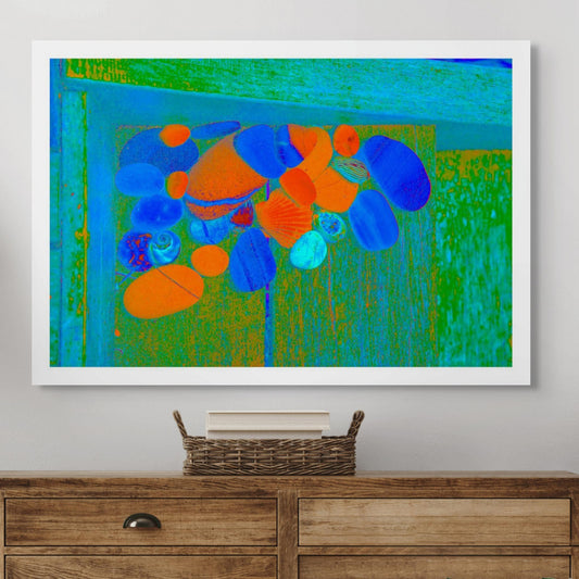 Vivid Country - Bucca Swans Rd Shells on the Step - 1174v8 - Room View, a vivid collection of colourful shells and stones rests on a wooden step, transformed into an electrified still life through rich green, orange, and blue tones.