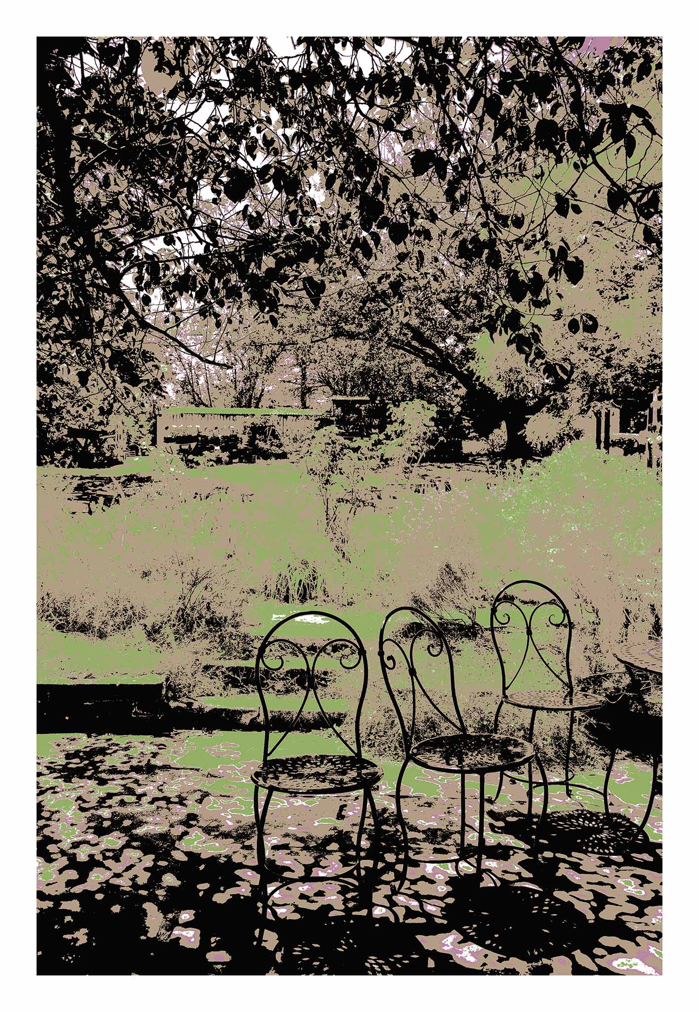 Vivid Country - Castlemaine Buda Garden Seats - 4313v25a - 74x104cm, a trio of vintage wrought iron chairs in dappled shade beneath leafy trees, set against a muted garden backdrop in soft greens and earth tones.