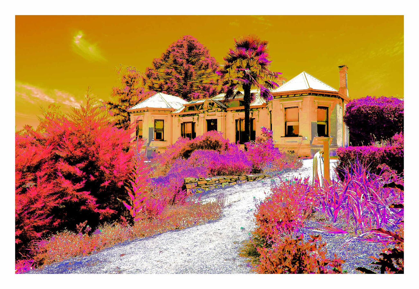 Vivid Country - Castlemaine Buda Historic Home - 4296v25a - 104x74cm, a historic gold rush-era villa surrounded by lush gardens and towering trees, rendered in a psychedelic blend of magenta, ochre, and pink tones beneath a golden sky.