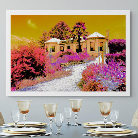Vivid Country - Castlemaine Buda Historic Home - 4296v25a - Room View, a historic gold rush-era villa surrounded by lush gardens and towering trees, rendered in a psychedelic blend of magenta, ochre, and pink tones beneath a golden sky.