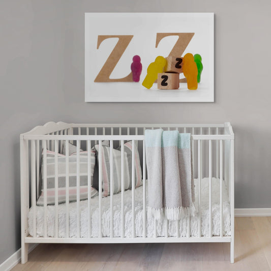 Catching Some ZZZ's 1493v3 - Room View, playful fine art photograph featuring multicoloured jelly figures resting against wooden blocks marked with the letter Z, backed by large cardboard Zs, limited edition by Raymond Mather, ART1.