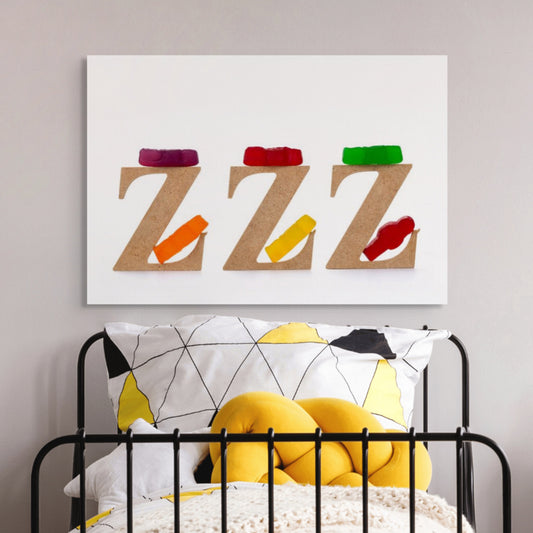 Catching Some ZZZ’s 1501 - Room View, playful fine art photograph featuring three wooden letter Zs each topped with gummy bears and supported by colourful jelly baby figures, part of the Cliché Life series by Raymond Mather, ART1.