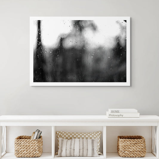 Coastal Noir 7929 - Room View, black and white coastal scene of trees softened through rain-streaked glass, abstract minimalist fine art print.