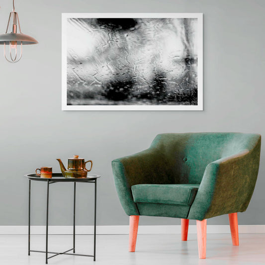 Coastal Noir 7185 - Room View, Black and white abstract coastal photograph with people with umbrellas blurred behind rain-speckled glass, minimalist fine art print.