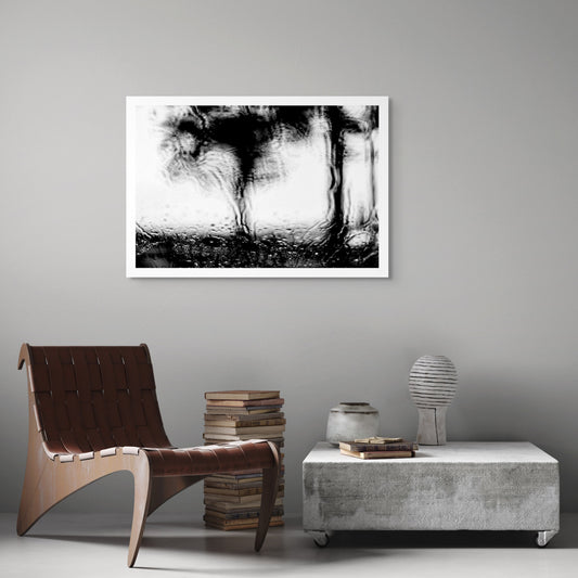Coastal Noir 7221 - Room View, black and white coastal scene with blurred jetty and trees through rain-speckled glass, abstract minimalist print.